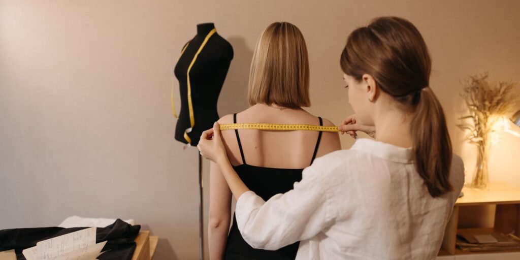 Tailor taking a client's measurements in a studio