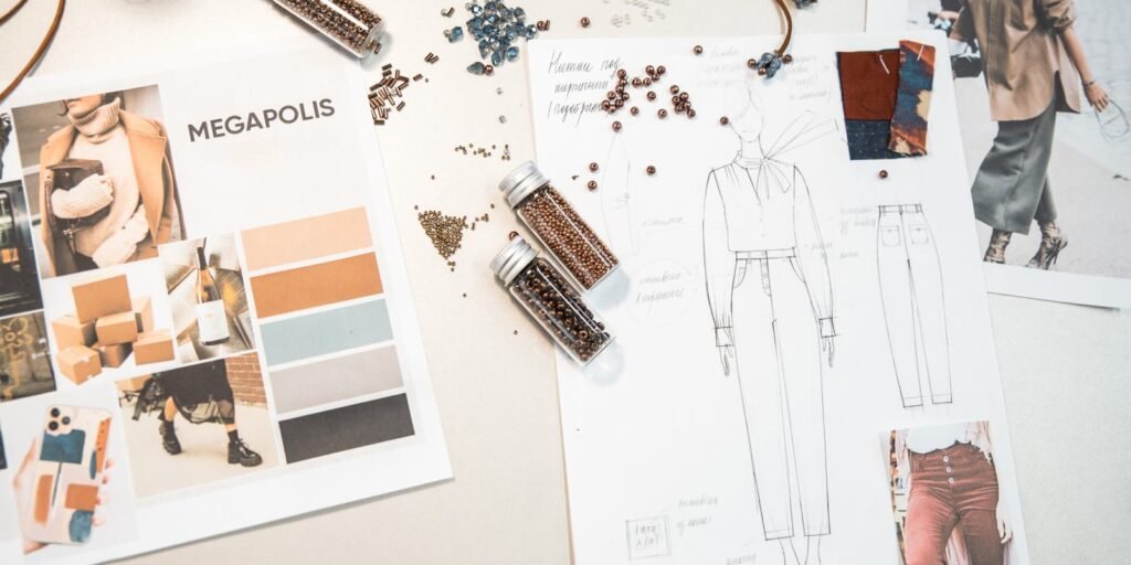 Fashion mood board with sketches and colour swatches