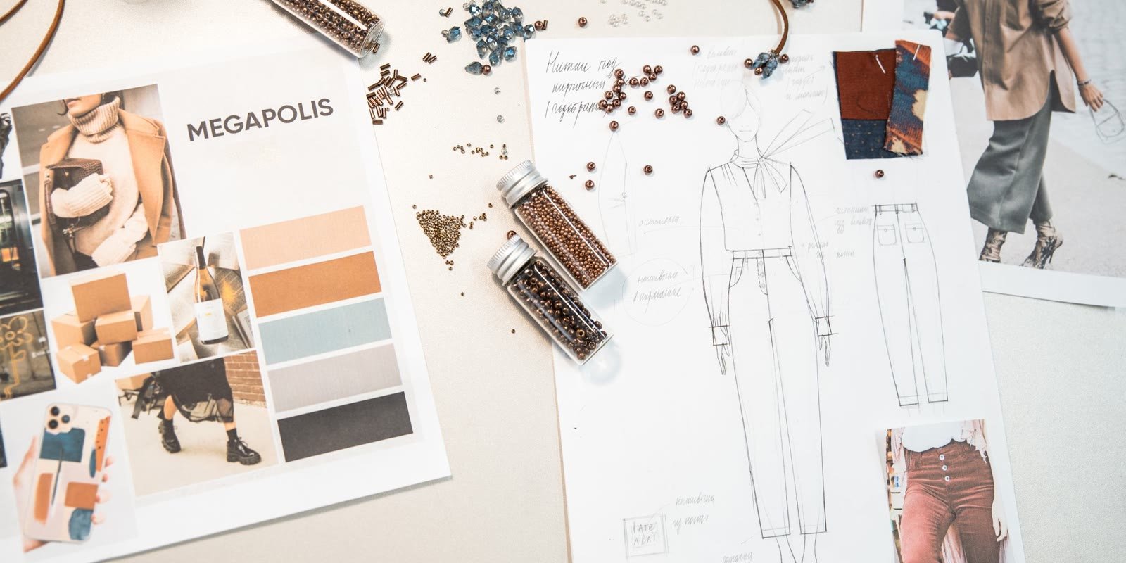 Fashion mood board with sketches and colour swatches