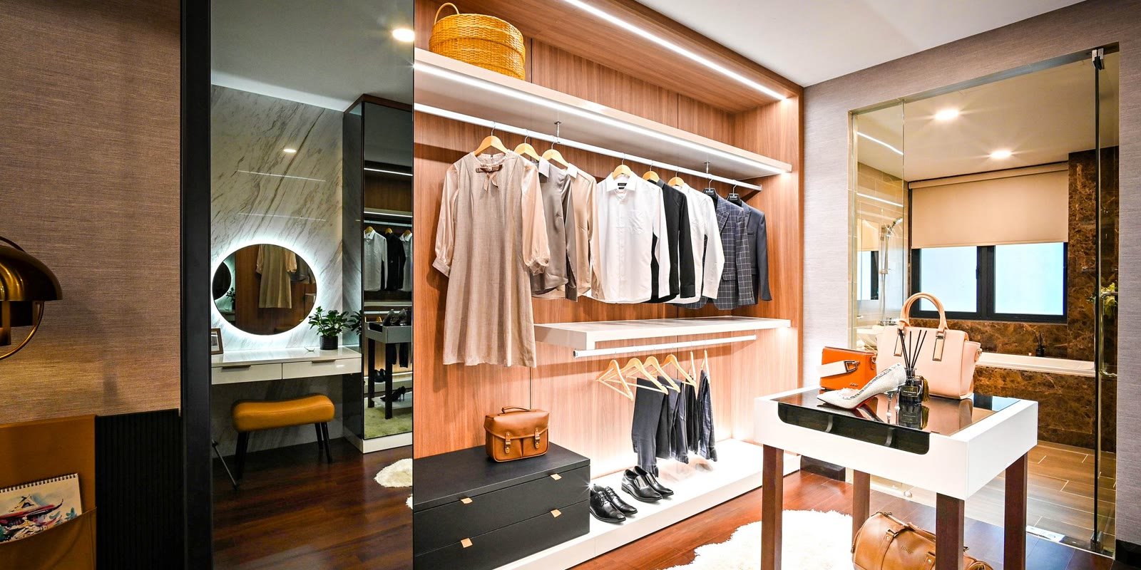 Walk-in closet with organised clothes and shoes