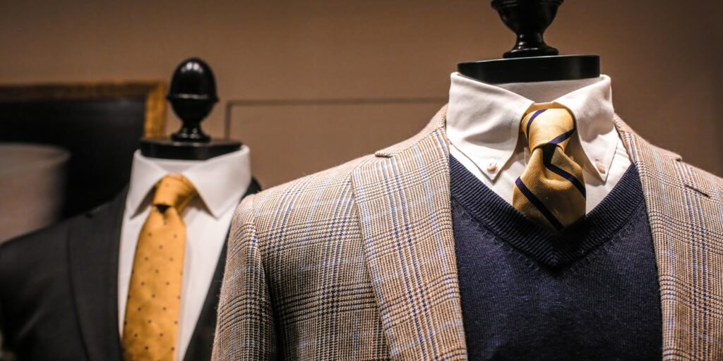 Elegant men's tailored outfits on mannequins