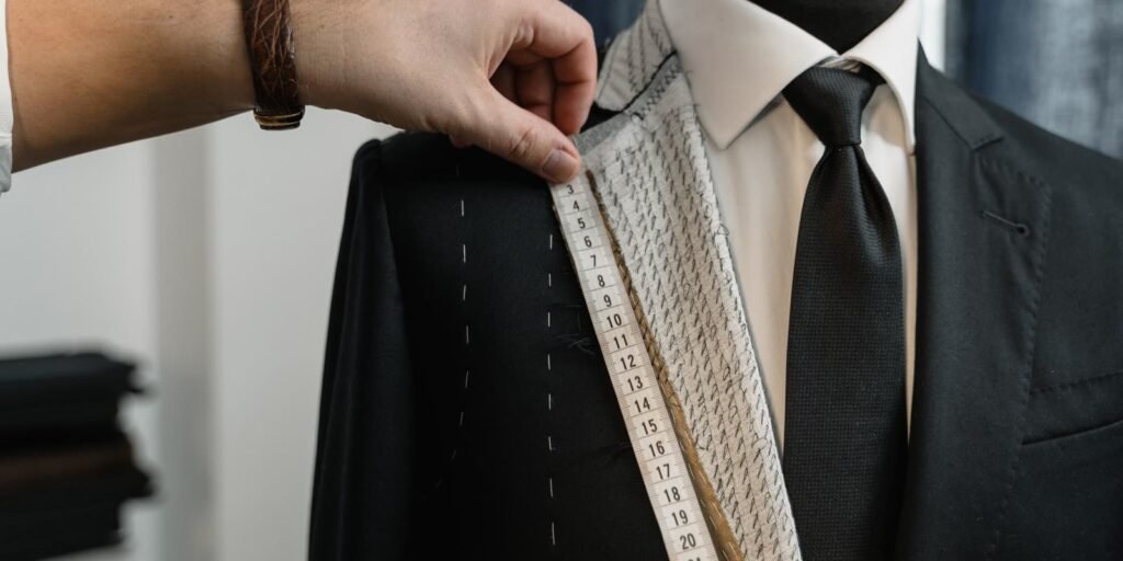 Tailor measuring the lapel of a dark suit