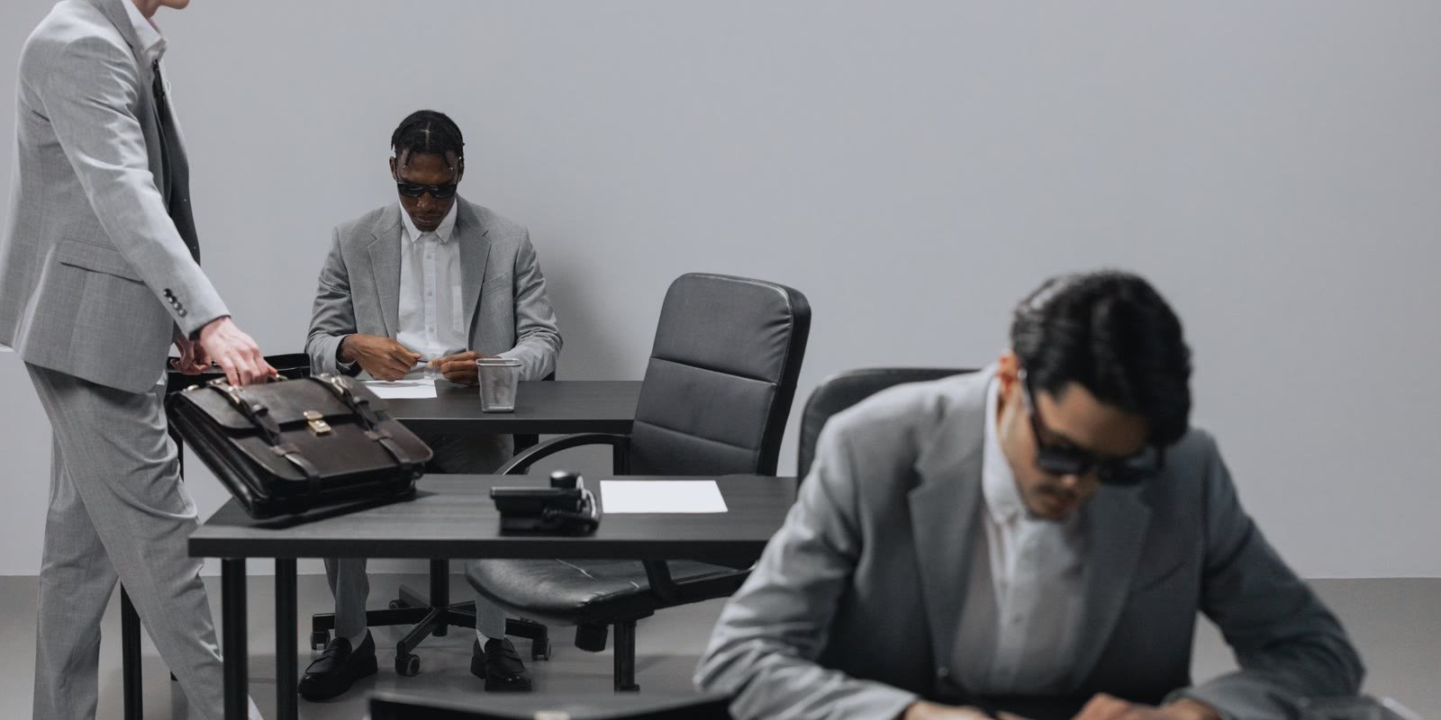 Professionals in grey suits working in an office
