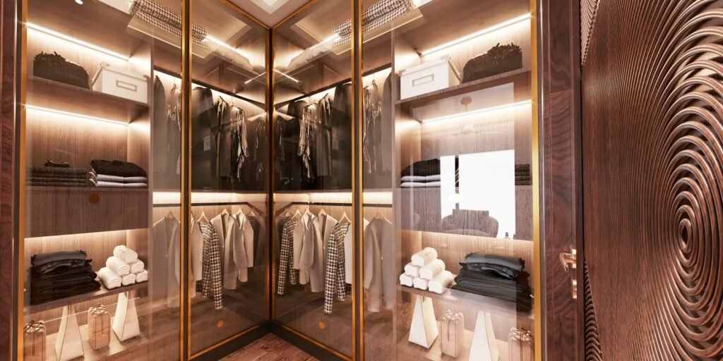 Luxury walk-in closet with warm lighting
